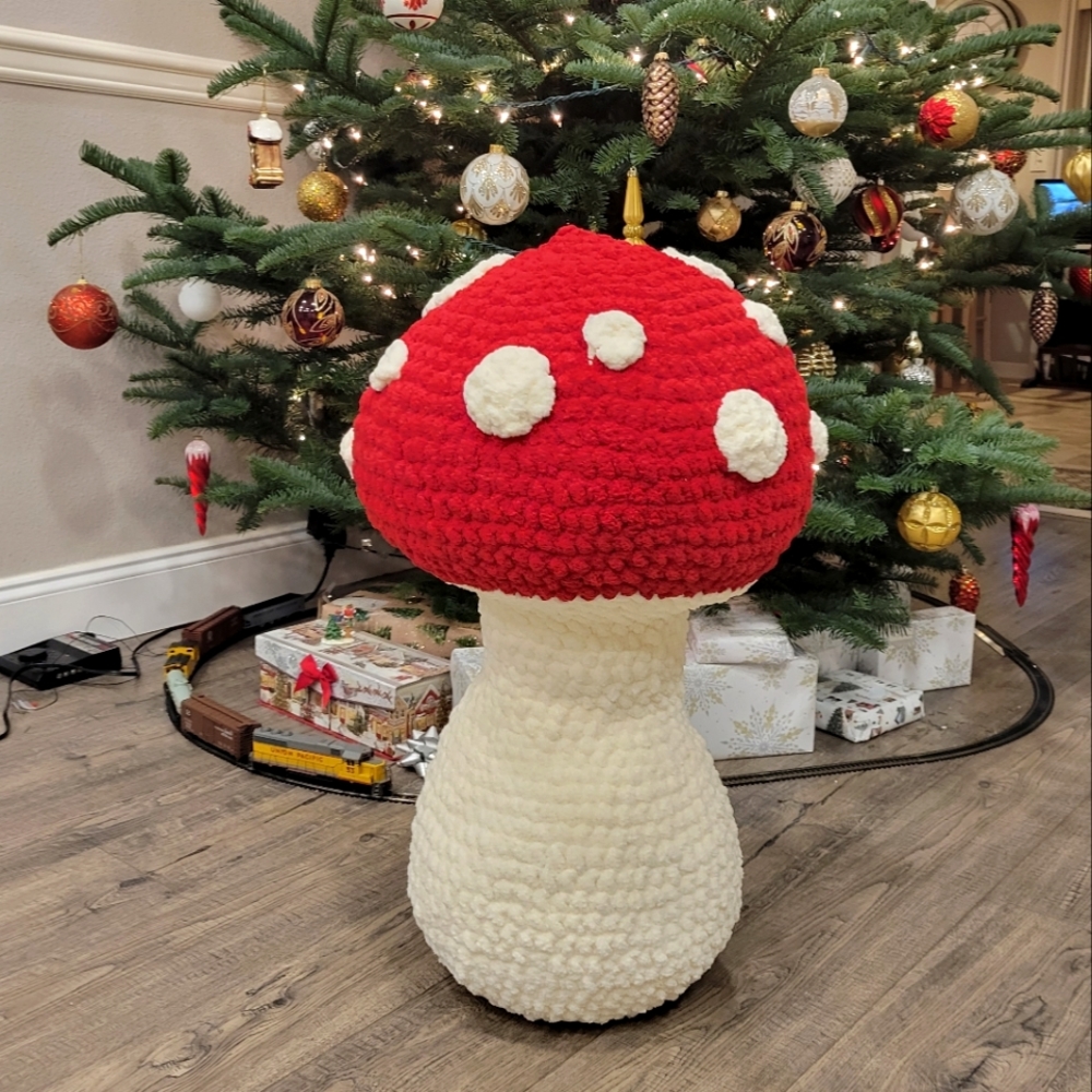 New Amigurumi Giant White Red Crochet Mushroom, 27"